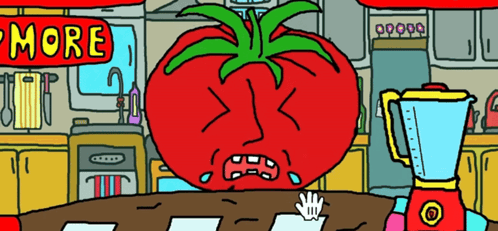 A Cartoon Of A Tomato Crying With A Sign That Says More GIF