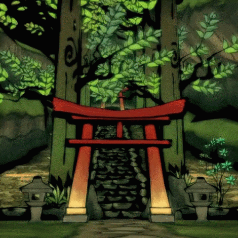 A Cartoon Of A Torii Gate In A Forest GIF