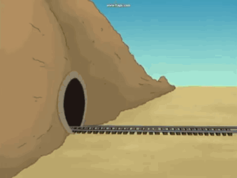 A Cartoon Of A Train Going Through A Tunnel In The Desert . GIF
