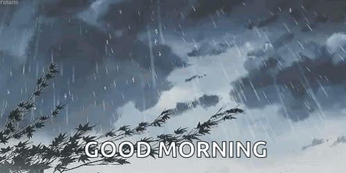 A Cartoon Of A Tree In The Rain And The Words `` Good Morning '' . GIF