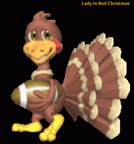 A Cartoon Of A Turkey Holding A Football With The Words Lady In Red Christmas Above It GIF