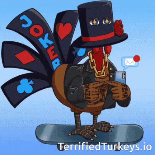A Cartoon Of A Turkey Wearing A Top Hat And Chains GIF
