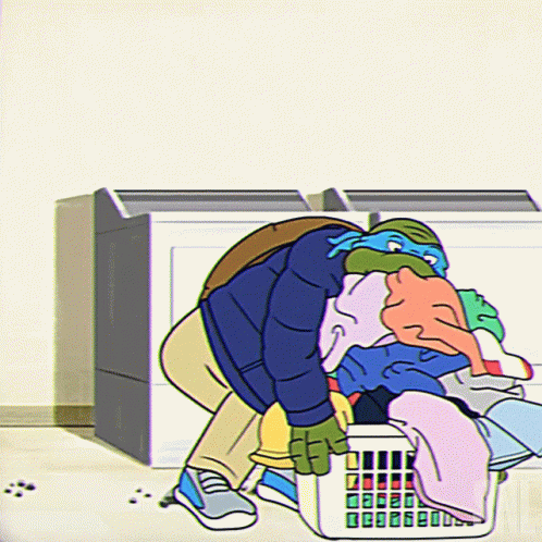 A Cartoon Of A Turtle Holding A Laundry Basket Full Of Clothes GIF