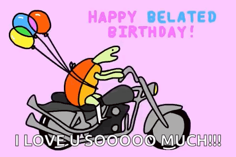 A Cartoon Of A Turtle Riding A Motorcycle With Balloons Attached To It . GIF