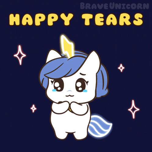 A Cartoon Of A Unicorn Crying With The Words Happy Tears Below It GIF