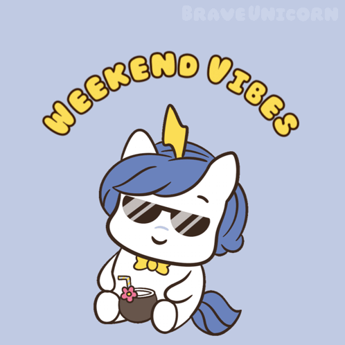 A Cartoon Of A Unicorn Drinking A Coconut Drink With The Words Weekend Vibes Above It GIF