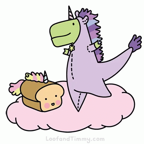 A Cartoon Of A Unicorn Sitting On A Cloud With A Loaf Of Bread GIF