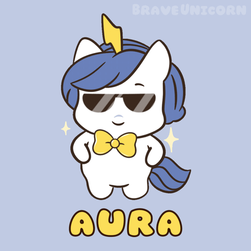 a cartoon of a unicorn wearing sunglasses and a bow tie says aura