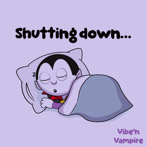 A Cartoon Of A Vampire Sleeping With The Words Shutting Down Below GIF
