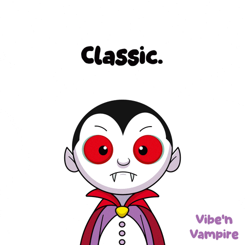 A Cartoon Of A Vampire With The Words Classic Vibe 'N Vampire Below GIF