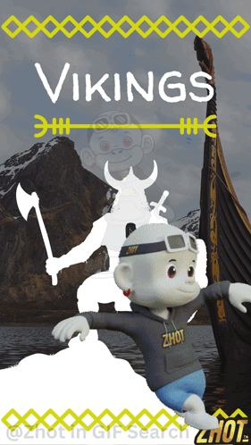 A Cartoon Of A Viking Holding An Axe With The Word Vikings Above Him GIF