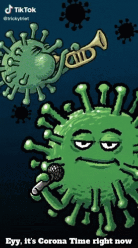 A Cartoon Of A Virus Playing A Trumpet And Singing Into A Microphone That Says Tiktok @Trickytriet GIF