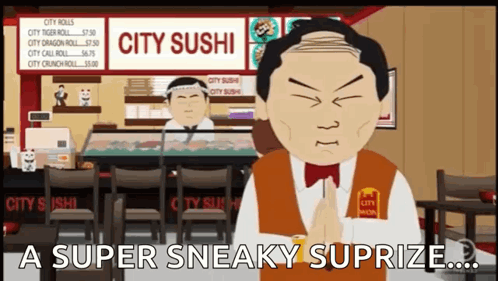 A Cartoon Of A Waiter In A City Sushi Restaurant GIF