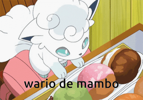 White Cat Looking At Food Wario De Mambo Text GIF