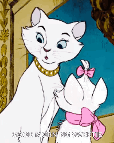 A Cartoon Of A White Cat With A Pink Bow And The Words `` Good Morning Sweetie '' Below It . GIF