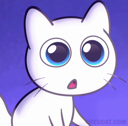 A Cartoon Of A White Cat With Blue Eyes And The Website Creucat.com GIF