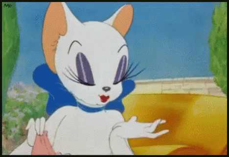 A Cartoon Of A White Cat With Purple Eyes And A Blue Collar GIF