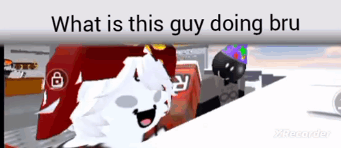 A Cartoon Of A White Dog Standing Next To A Red Car With The Words `` What Is This Guy Doing Bru '' . GIF