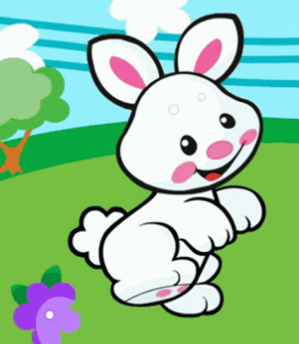 A Cartoon Of A White Rabbit With Pink Ears Standing In A Field GIF