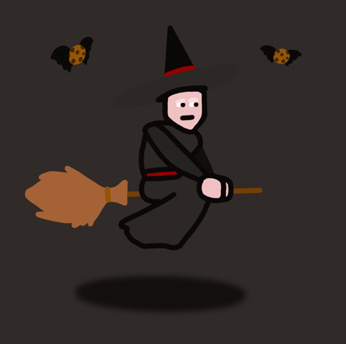 A Cartoon Of A Witch Flying On A Broom With Two Bats Behind Her GIF