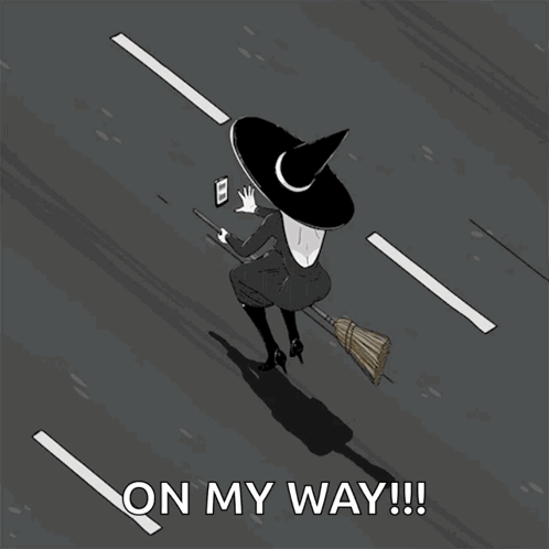 A Cartoon Of A Witch On A Broom With The Words On My Way GIF