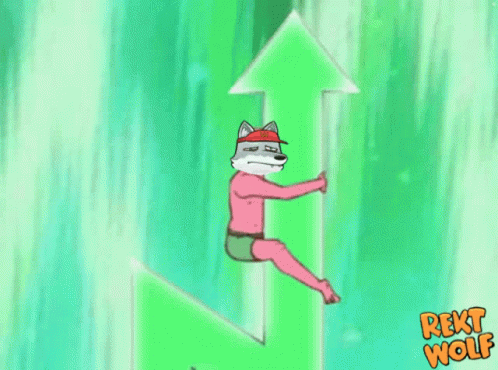 A Cartoon Of A Wolf Sitting On A Green Arrow With The Words Rekt Wolf Below It GIF