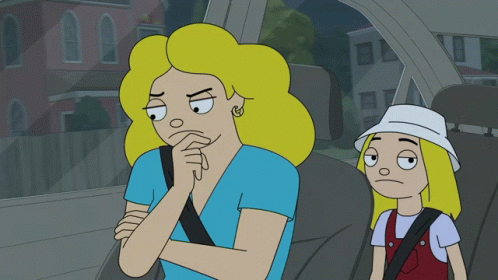 A Cartoon Of A Woman And A Girl In A Car With One Girl Wearing A White Hat GIF