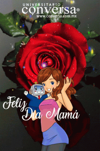 A Cartoon Of A Woman And A Robot With The Words Feliz Dia Mama On The Bottom GIF