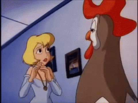 A Cartoon Of A Woman And A Rooster Looking At Each Other GIF
