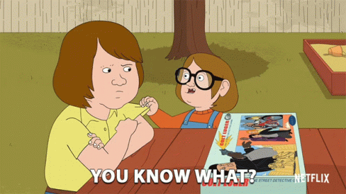A Cartoon Of A Woman And Child Sitting At A Table With The Words " You Know What " GIF