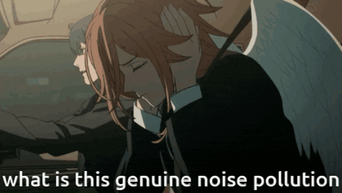 A Cartoon Of A Woman Covering Her Ears With The Words " What Is This Genuine Noise Pollution " Below Her GIF