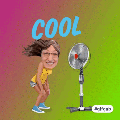 a cartoon of a woman dancing in front of a fan with the word cool above her