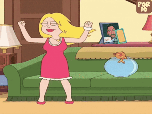 Cartoon Woman Dancing In Front Of Green Couch GIF