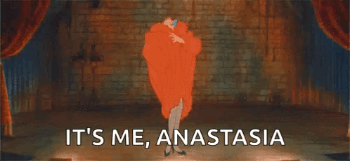 A Cartoon Of A Woman Dancing On A Stage With The Words `` It 'S Me Anastasia '' GIF