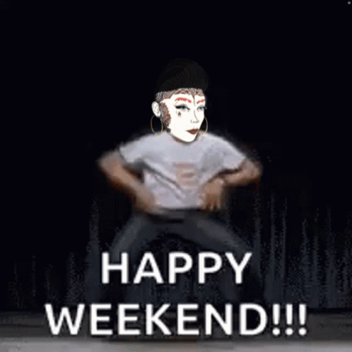 A Cartoon Of A Woman Dancing With The Words Happy Weekend Written Below Her GIF