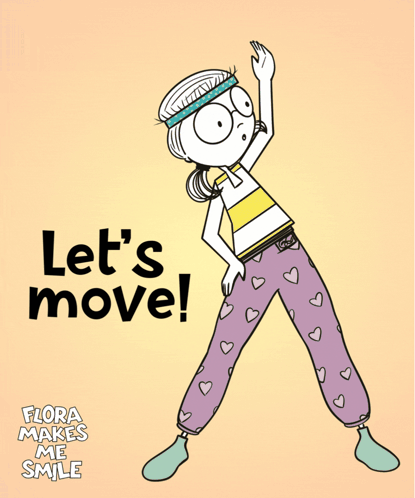 A Cartoon Of A Woman Doing Exercises And The Words Let 'S Move GIF
