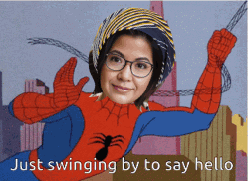 A Cartoon Of A Woman Dressed As Spider-Man With The Words Just Swinging By To Say Hello GIF