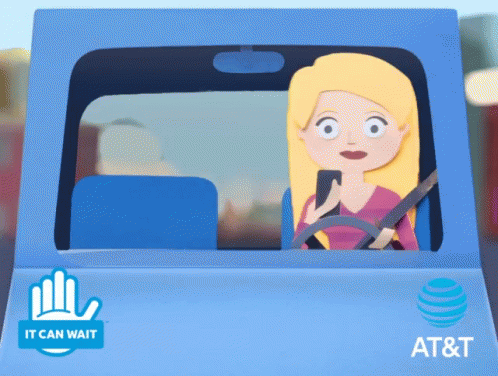 A Cartoon Of A Woman Driving A Car With At & T Written On The Side GIF