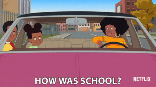 A Cartoon Of A Woman Driving A Car With The Words " How Was School " Written On The Bottom GIF