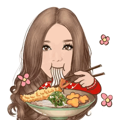 a cartoon of a woman eating a bowl of noodles with chopsticks