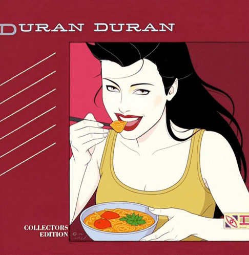 A Cartoon Of A Woman Eating A Bowl Of Soup With The Name Duran Duran On The Top GIF