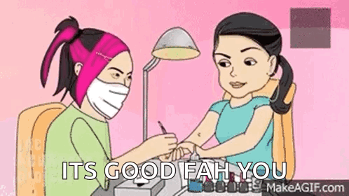 a cartoon of a woman getting her nails painted by a nail technician .