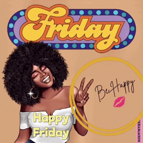 A Cartoon Of A Woman Giving A Peace Sign With The Words Happy Friday Below Her GIF