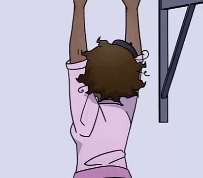 A Cartoon Of A Woman Hanging Upside Down On A Wall With Her Hands In The Air . GIF