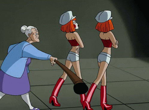 A Cartoon Of A Woman Holding A Bat Standing Next To Two Other Women GIF