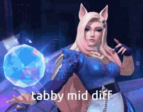 A Cartoon Of A Woman Holding A Blue Ball And The Words Tabby Mid Diff GIF