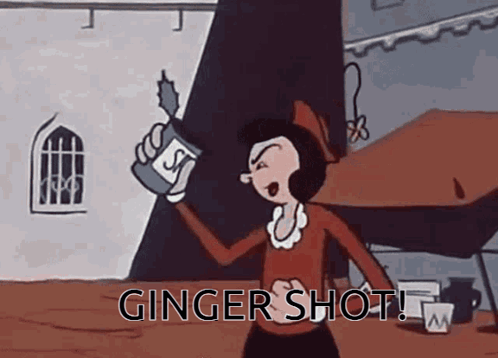 A Cartoon Of A Woman Holding A Bottle Of Ginger Shot GIF