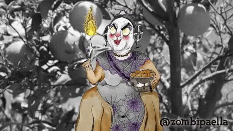 A Cartoon Of A Woman Holding A Bowl Of Food With The Hashtag @Zombiepaella On The Bottom GIF