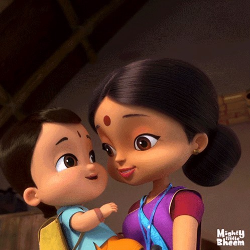 a cartoon of a woman holding a child with mighty little bheem written on the bottom right