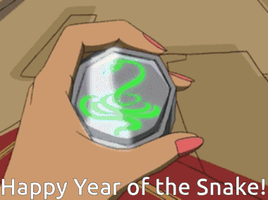 A Cartoon Of A Woman Holding A Coin With A Snake On It And The Words Happy Year Of The Snake GIF